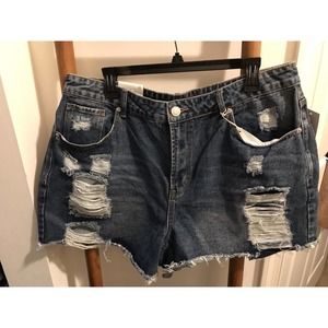 CALI Distressed Boyfriend Shorts Size 16, High Rise, Dark Wash Denim